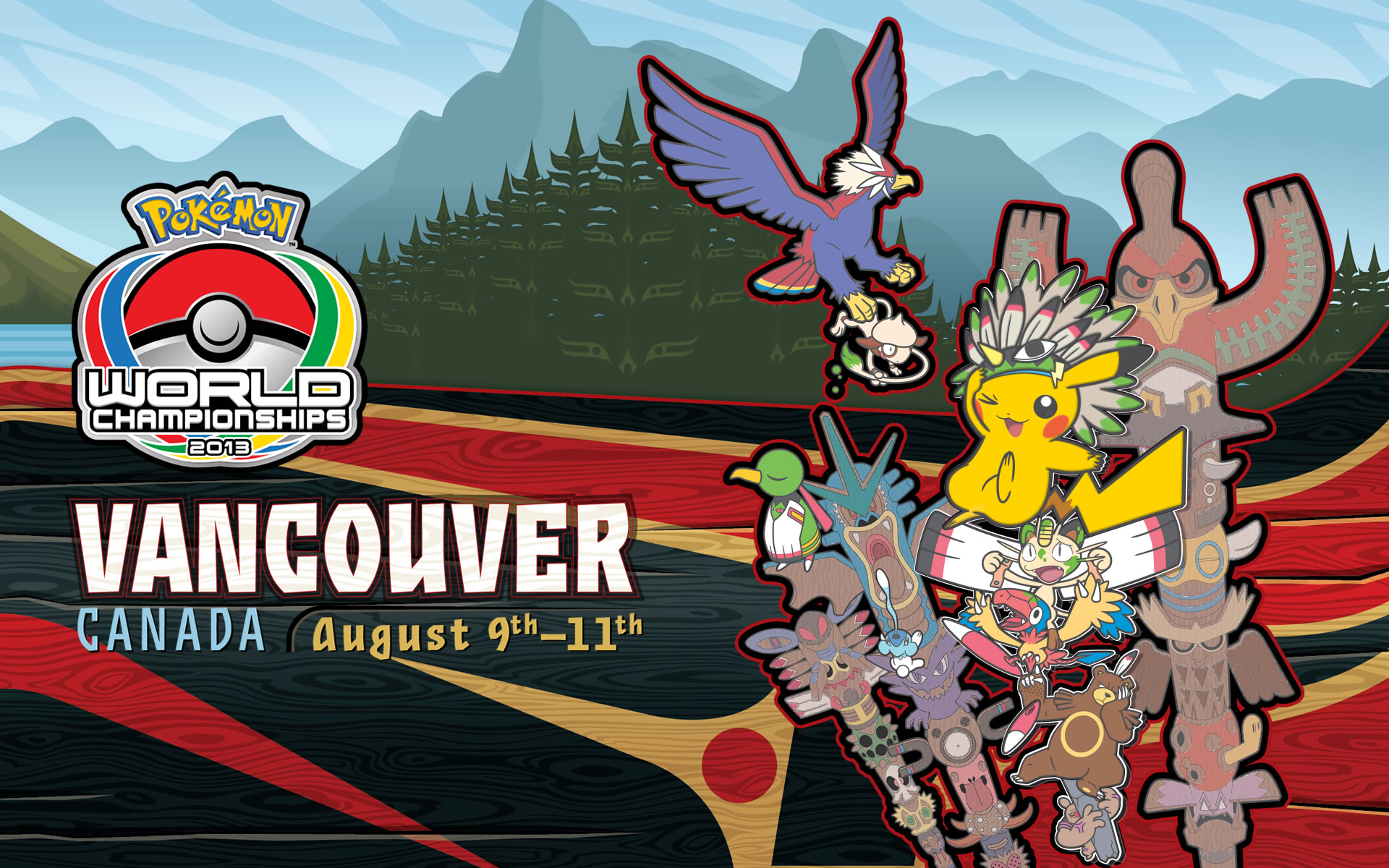yoshida hironobu, archen, armaldo, braviary, cacnea, conkeldurr, cubchoo, donphan, dunsparce, duskull, gloom (pokemon), granbull, gyarados, haunter, ho-oh, kecleon, lickitung, magnemite, meowth, ninjask, noctowl, pikachu, seviper, shuckle, smeargle, xatu, nintendo, pokemon, pokemon world championships, artist request, check artist, highres, > o, ;3, bird, black outline, closed eyes, closed mouth, clothed pokemon, coin, copyright logo, copyright name, cosplay, dot nose, facepaint, fangs, forest, gen 1 pokemon, gen 2 pokemon, gen 3 pokemon, gen 5 pokemon, gold, hand on own face, headdress, holding, koban (gold), legendary pokemon, mountain, native american headdress, nature, no humans, one eye closed, open mouth, outline, paint, poke ball, poke ball (basic), pokemon (creature), pokemon focus, red outline, smile, snot, totem, tree, veins, xatu (cosplay)