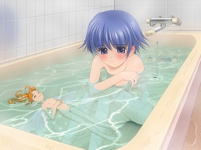 tagme, 2girls, bath, blue hair, fairy, loli, mini person, minigirl, multiple girls, nipples, nude, short hair, water