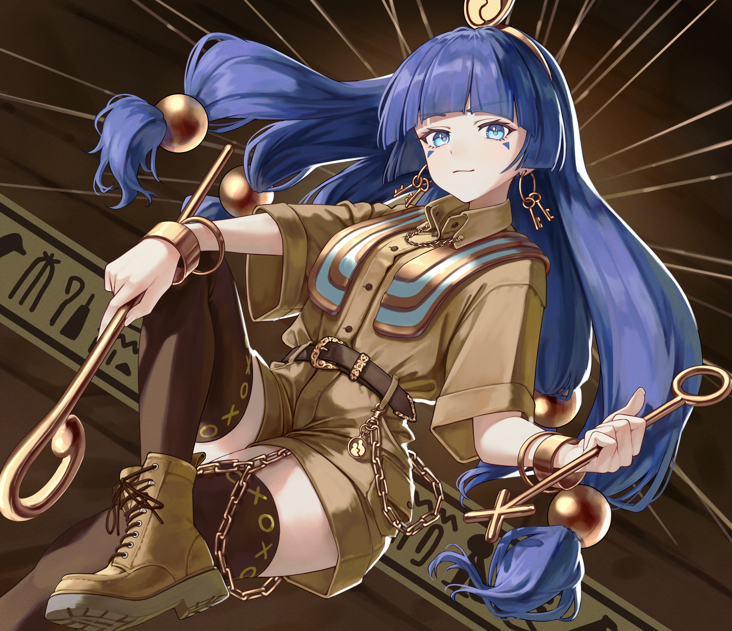 torinari (dtvisu), michigami nareko, touhou, absurdres, highres, 1girl, belt, black thighhighs, blue eyes, blue hair, blunt bangs, boots, brown boots, brown shirt, brown shorts, chain, collared shirt, earrings, facial mark, foot out of frame, full body, hair ornament, holding, holding scepter, jewelry, key earrings, long hair, looking at viewer, low-tied long hair, scepter, shirt, short sleeves, shorts, solo, sphere hair ornament, thighhighs, triangle, triangle facial mark