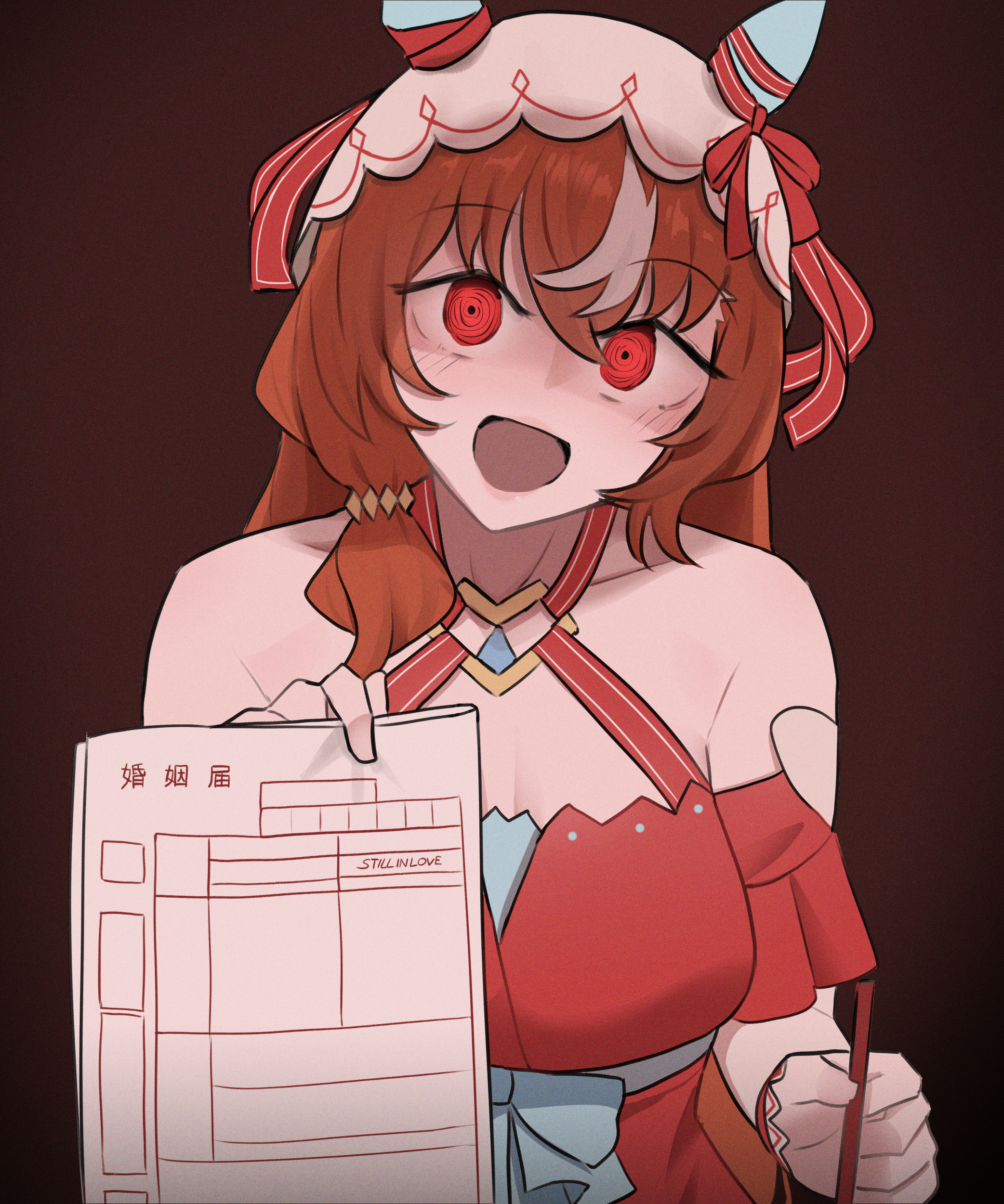 mata (matasoup), still in love (umamusume), umamusume, absurdres, commentary, commission, english commentary, highres, translation request, 1girl, :d, animal ears, bare shoulders, boots, breasts, brown boots, brown hair, cleavage, collarbone, dress, hair between eyes, holding, holding paper, holding pen, horse ears, horse girl, large breasts, long hair, looking at viewer, marriage certificate (object), multicolored hair, open mouth, paper, pen, red dress, red eyes, red ribbon, ribbon, sidelocks, sleeveless, sleeveless dress, smile, solo, streaked hair, two-tone hair, upper body, veil, white hair, white veil