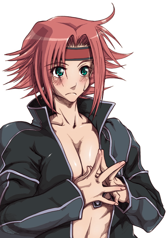 yoshijima ataru, kouzuki kallen, code geass, 00s, 1girl, blush, breasts, cleavage, female focus, green eyes, headband, large breasts, no bra, open clothes, open shirt, order of the black knights uniform, red hair, shirt, solo, steepled fingers, sweatdrop