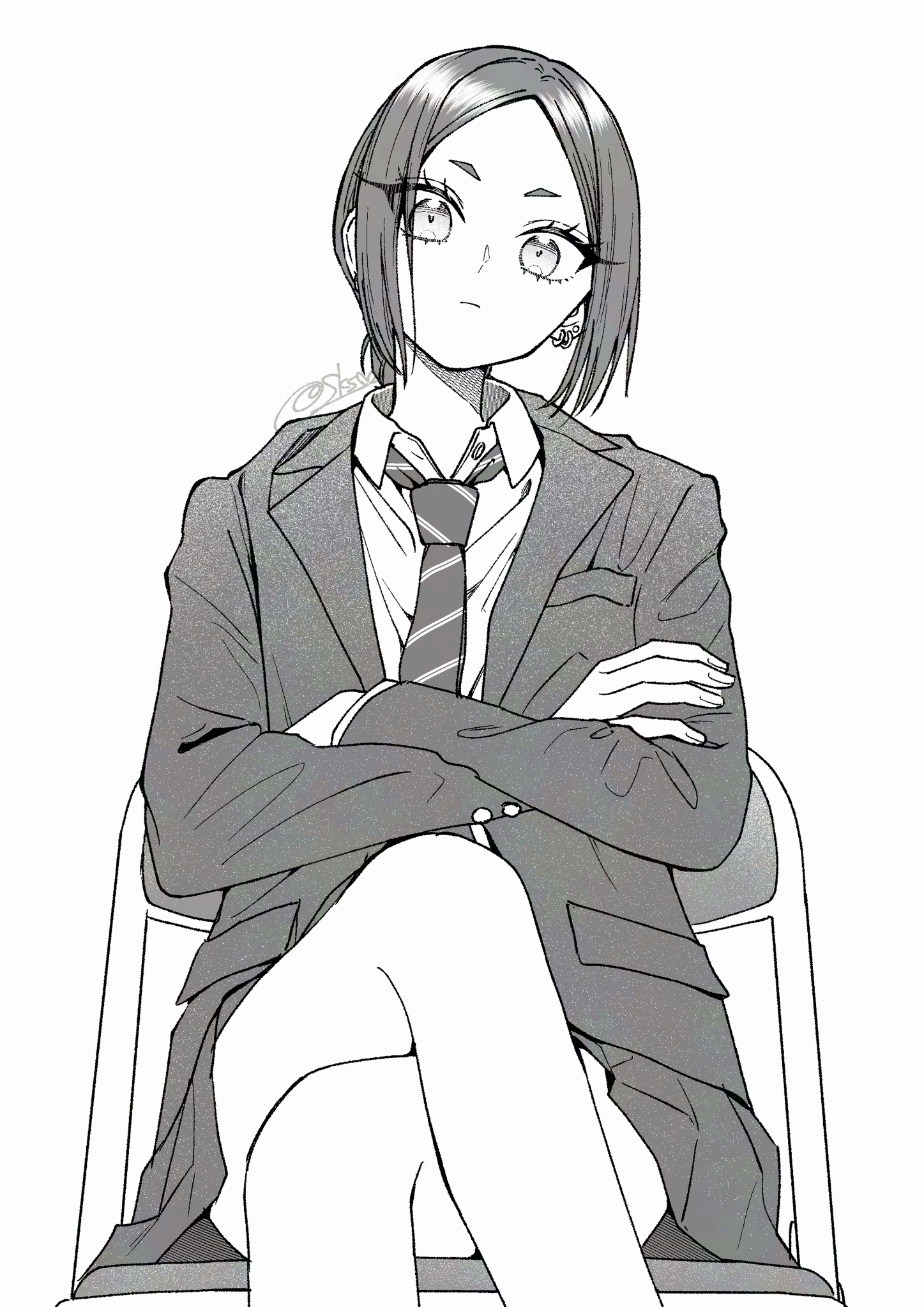 sakashima 0822, original, commentary request, highres, 1girl, blazer, chair, closed mouth, collared shirt, crossed arms, crossed legs, diagonal-striped clothes, diagonal-striped necktie, earrings, eyelashes, feet out of frame, forehead, greyscale, jacket, jewelry, light frown, long sleeves, looking at viewer, monochrome, necktie, on chair, parted bangs, pleated skirt, school uniform, shirt, short hair, signature, simple background, sitting, skirt, solo, striped clothes