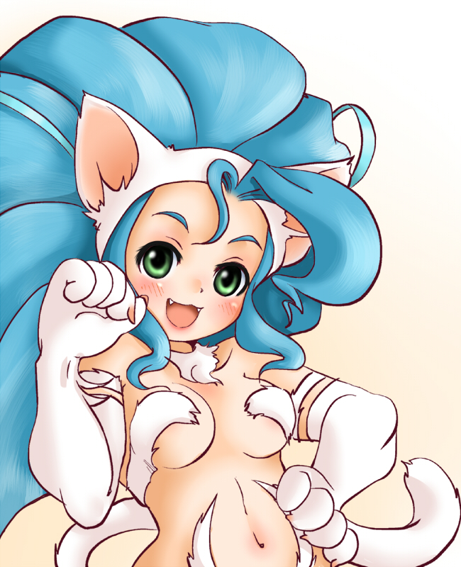 setouchi kurage, felicia (darkstalkers), capcom, darkstalkers, 1girl, animal ears, animal hands, big hair, blue hair, blush, body fur, breasts, cat ears, cat tail, fang, fangs, female focus, gradient background, green eyes, hand on own hip, hip focus, long hair, navel, open mouth, paw pose, solo, tail
