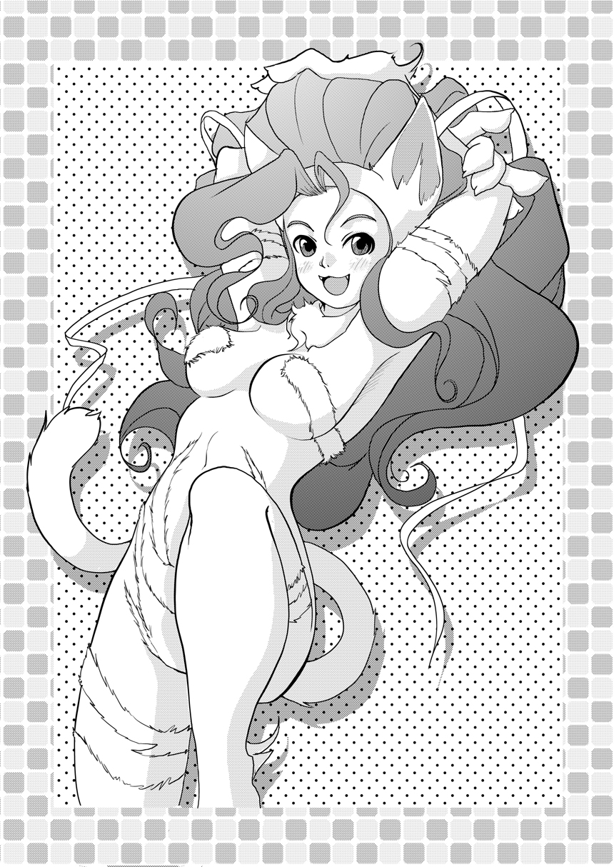 setouchi kurage, felicia (darkstalkers), capcom, darkstalkers, highres, 1girl, animal ears, animal hands, armpits, arms up, big hair, body fur, fang, fangs, female focus, greyscale, happy, long hair, monochrome, solo, tail