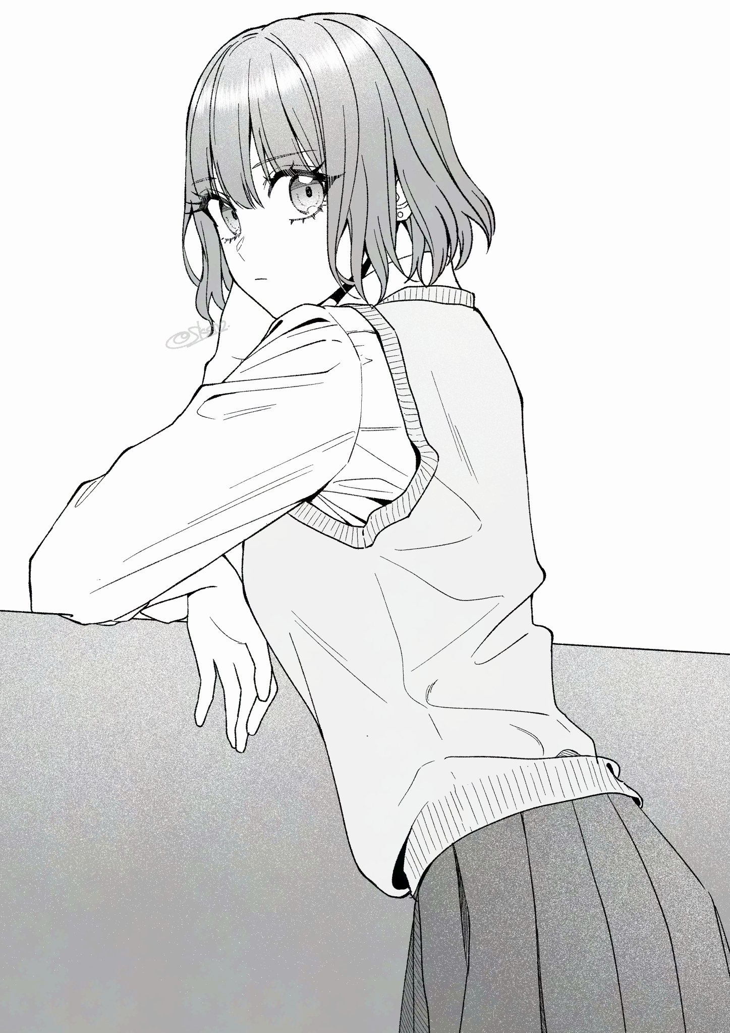sakashima 0822, original, commentary request, highres, 1girl, arm rest, closed mouth, cowboy shot, earrings, elbow rest, eyelashes, from side, greyscale, hand on own cheek, hand on own face, jewelry, long sleeves, looking at viewer, looking to the side, monochrome, pleated skirt, school uniform, shirt, short hair, signature, skirt, solo, standing, stud earrings, sweater vest