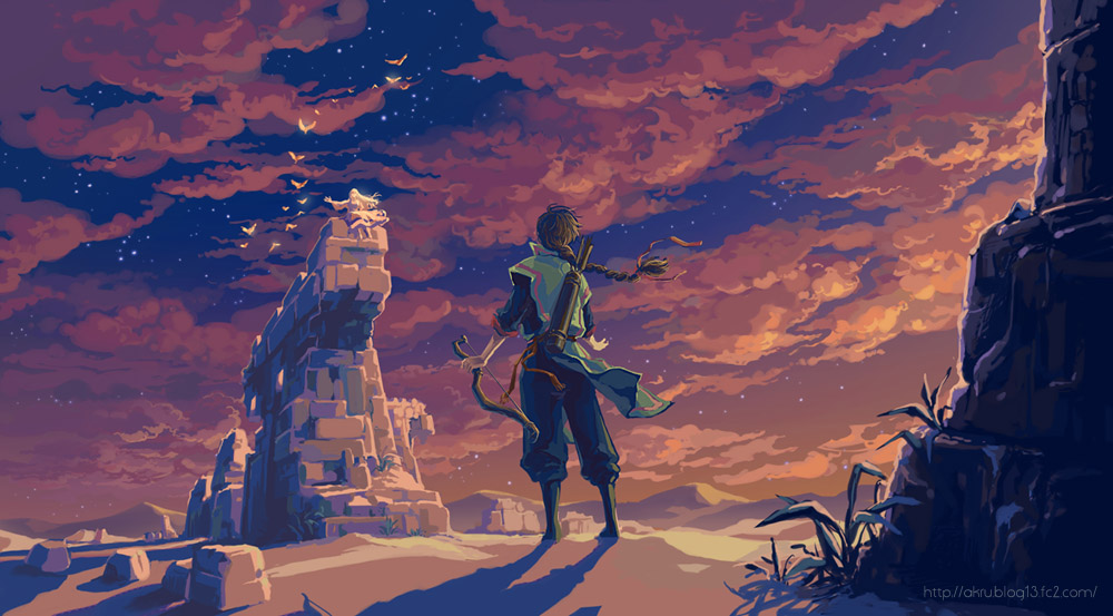 akru, original, 1boy, arms at sides, arrow (projectile), bird, bow (weapon), braid, cloud, desert, holding, holding bow (weapon), holding weapon, long hair, male focus, ribbon, ruins, scenery, single braid, sitting, sky, sleeves rolled up, solo, star (sky), star (symbol), starry sky, tabard, very long hair, watermark, weapon, web address, wind
