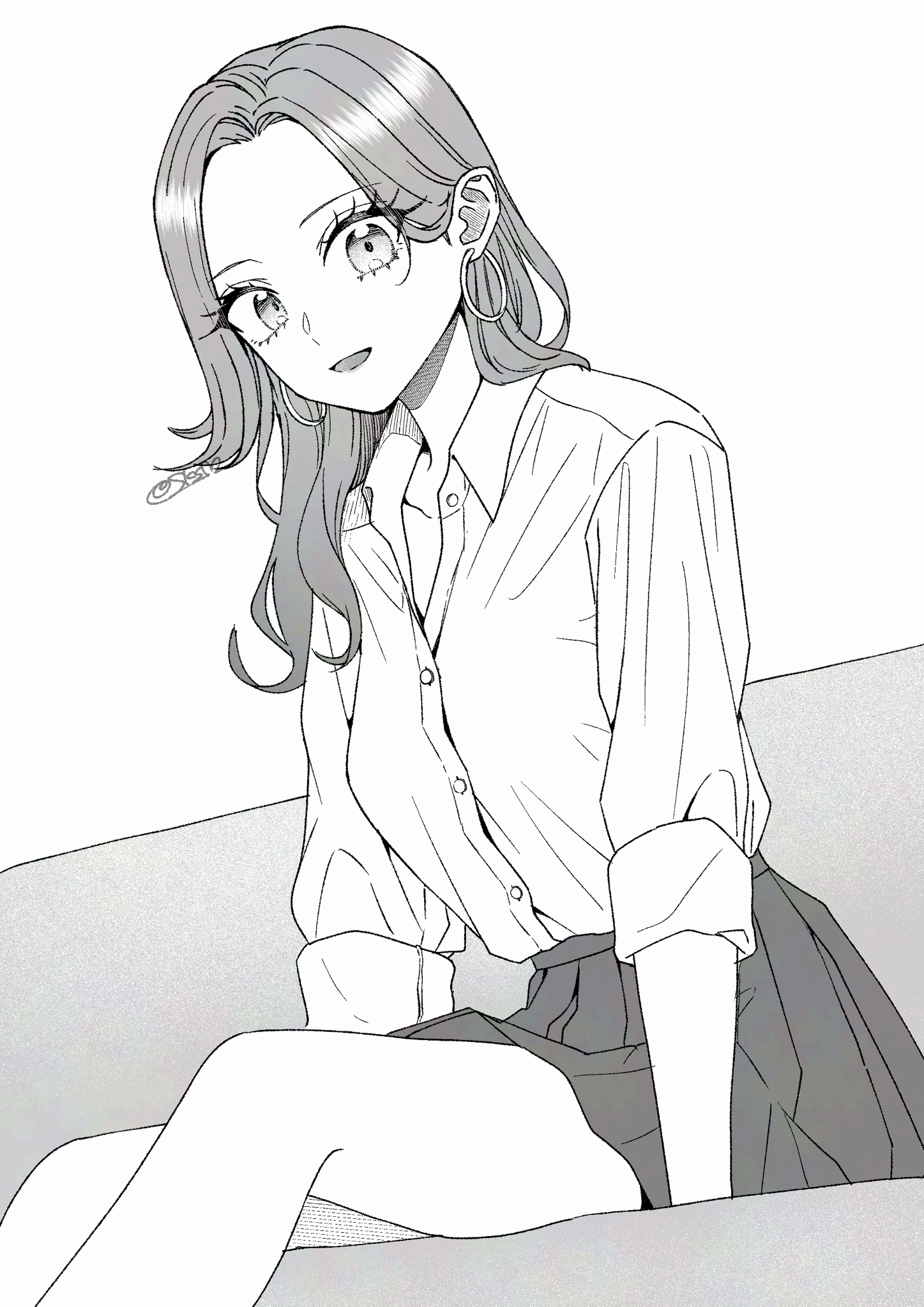 sakashima 0822, original, highres, 1girl, breasts, collared shirt, curtained hair, earrings, eyelashes, feet out of frame, greyscale, hoop earrings, jewelry, long hair, looking at viewer, miniskirt, monochrome, open mouth, parted bangs, pleated skirt, school uniform, shirt, shirt tucked in, signature, sitting, skirt, small breasts, smile, solo, three-quarter sleeves
