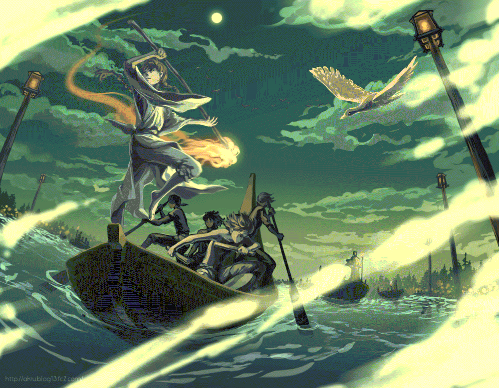 akru, original, gif artifacts, 5boys, bird, boat, braid, fire, moon, multiple boys, river, rowboat, sky, twin braids, water, watercraft, wind