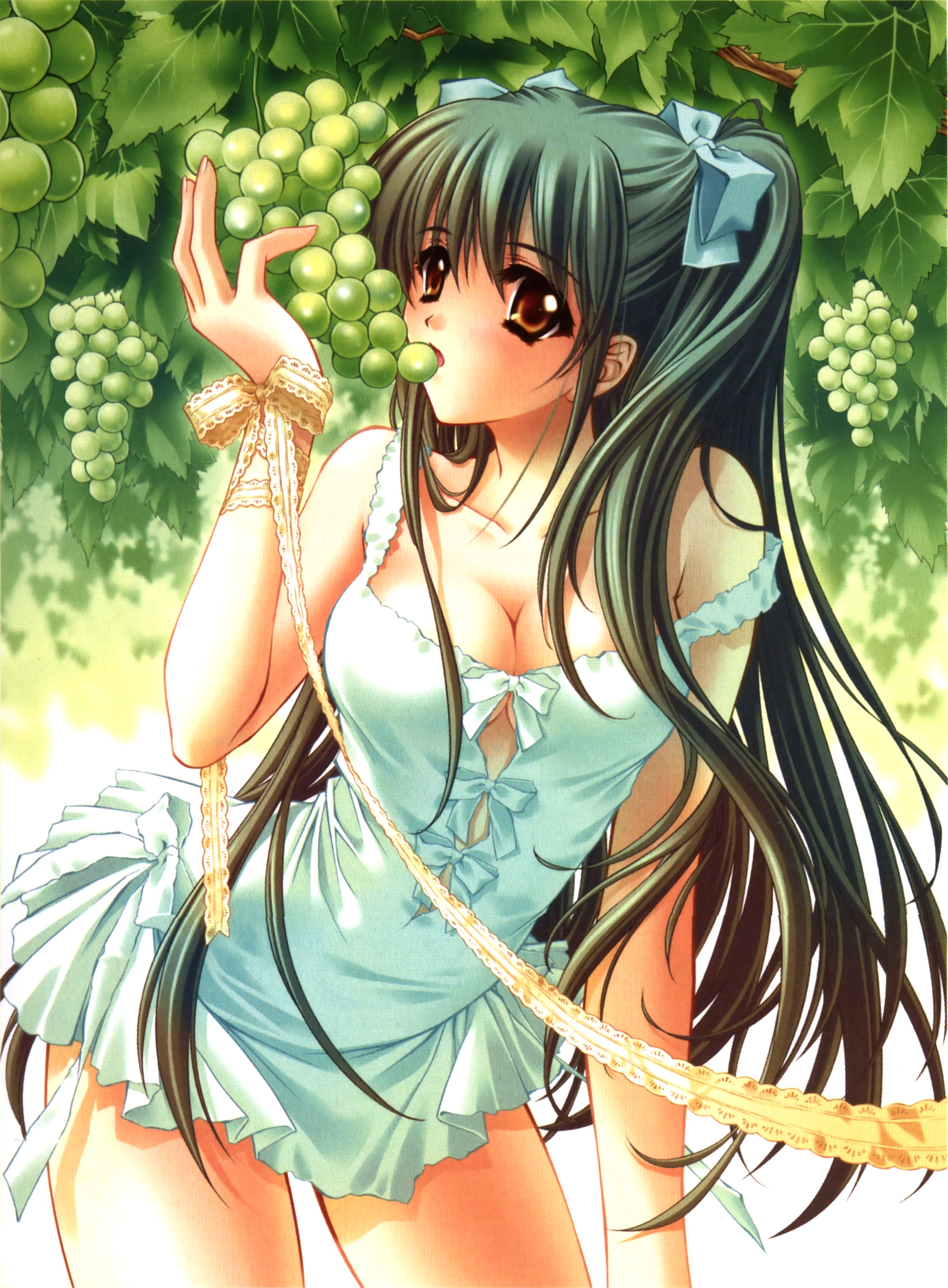 carnelian, absurdres, highres, food, fruit, grapes, ribbon