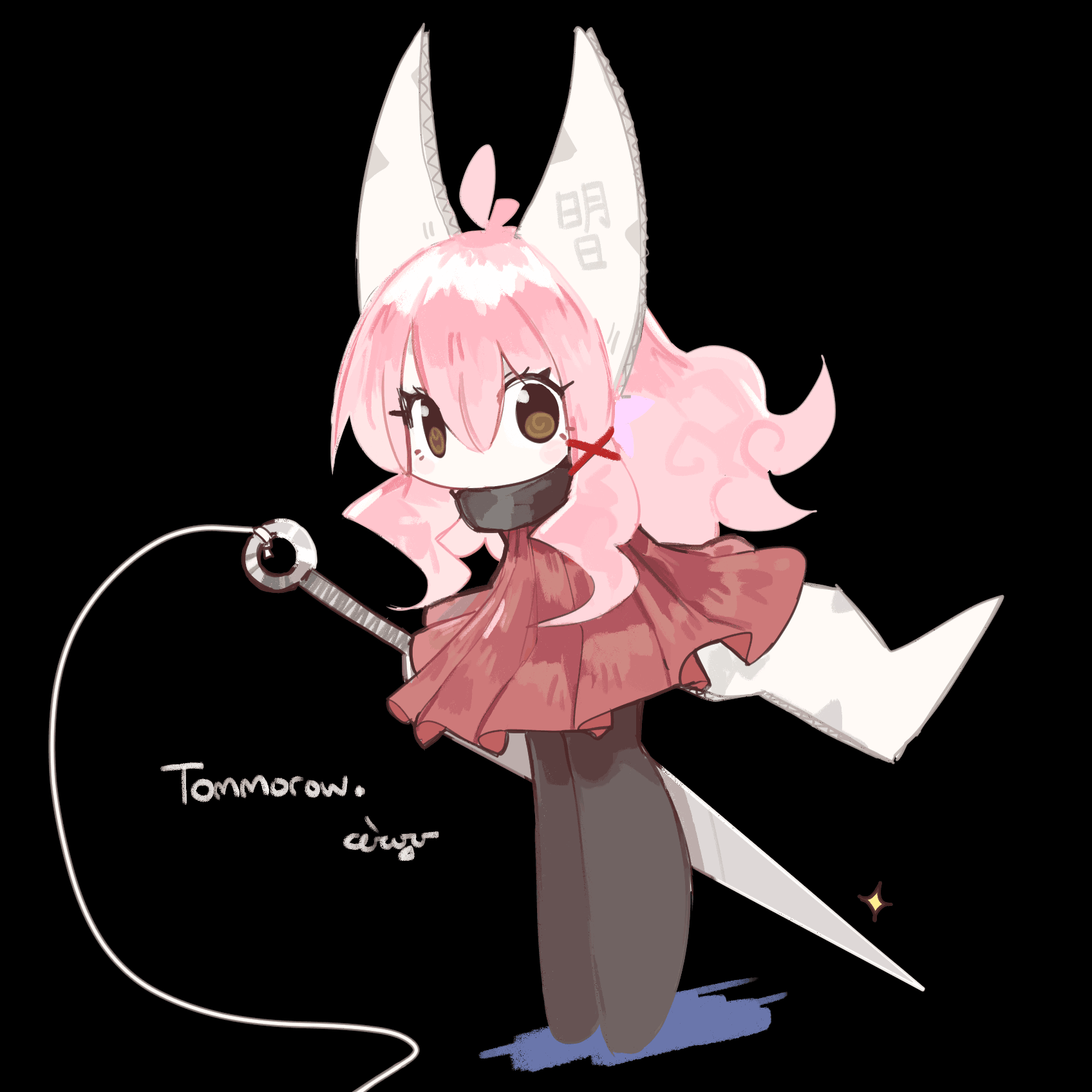 ceroro, hornet (hollow knight), hollow knight: silksong, original, commentary, english commentary, highres, translation request, 1girl, @ @, antenna hair, artist name, black background, black pantyhose, blush stickers, brown eyes, cardboard, cardie (ceroro), collar, cosplay, deformed, double-parted bangs, dress, english text, eyes visible through hair, fake horns, fake tail, full body, hair between eyes, hair ornament, holding, hornet (hollow knight) (cosplay), horns, long hair, looking at viewer, looking to the side, needle (hollow knight), no mouth, no nose, pantyhose, pink hair, pleated dress, red dress, sidelocks, signature, simple background, solo, sparkle, standing, tail, thread, typo, x hair ornament
