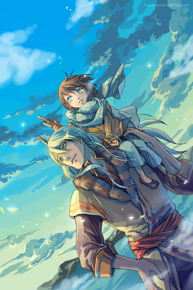 akru, original, antlers, blue eyes, blue hair, brown hair, cloud, cold, green eyes, horns, morning, mountain, scarf, sky