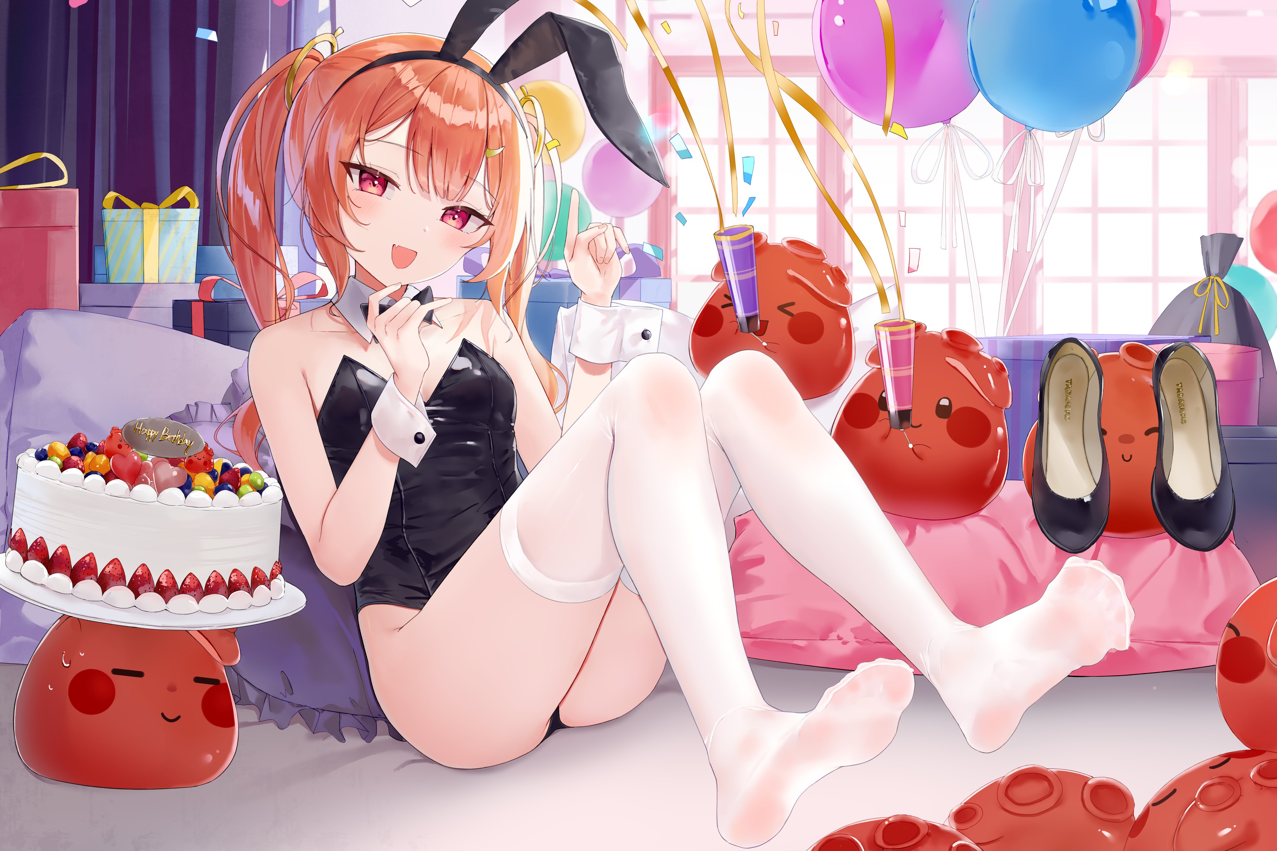 kou futoshi, tabasuko (mirolive), mirolive, absurdres, highres, second-party source, 1girl, :d, animal ear hairband, animal ears, balloon, bare shoulders, birthday cake, birthday party, black leotard, black shoes, blush, breasts, cake, collarbone, curtains, fake animal ears, fang, feet, food, full body, hair ornament, hairband, hands up, happy birthday, highleg, highleg leotard, indoors, knees up, legs, leotard, looking at viewer, no shoes, open mouth, orange hair, pillow, ponytail, rabbit ears, red eyes, shoes, sitting, small breasts, smile, socks, soles, spread toes, thighhighs, thighs, toe seam, toes, unworn shoes, virtual youtuber, white socks, white thighhighs, white wrist cuffs, wrist cuffs