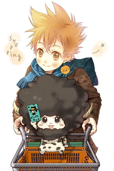 hanamura mai, i-pin, lambo, reborn, sawada tsunayoshi, katekyo hitman reborn!, 00s, jacket, male focus, scarf, shopping cart