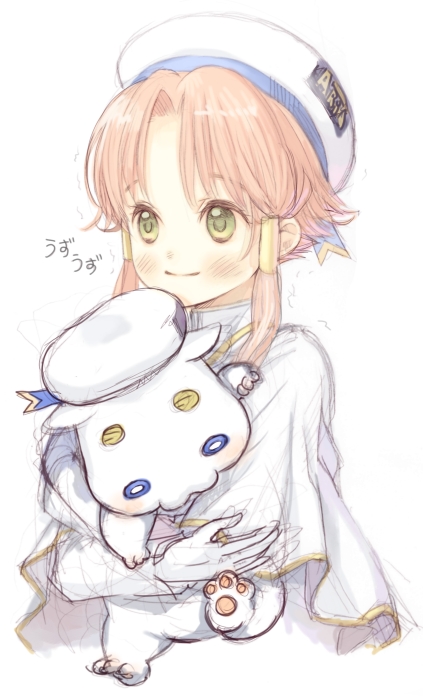 hanamura mai, aria pokoteng, mizunashi akari, aria (manga), 00s, 1girl, blush, cat, female focus, gloves, hair tubes, hat, high collar, orange hair, pink hair, short hair with long locks, sidelocks, sketch, smile, solo, trembling, yellow eyes