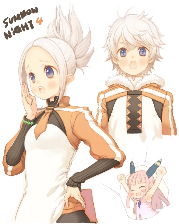 hanamura mai, rea, fea (summon night), fea (summon night 4), milreaf, rai (summon night), summon night, summon night 4, 1boy, 2girls, blue eyes, child, fai (summon night 4), hair up, multiple girls, open mouth, pink hair, white hair