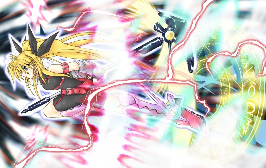 akasha, bardiche (nanoha), fate testarossa, lyrical nanoha, mahou shoujo lyrical nanoha, mahou shoujo lyrical nanoha a's, bad id, bad pixiv id, 00s, 1girl, armlet, bare shoulders, black socks, blonde hair, blush, cable, elbow gloves, female focus, from side, full body, gloves, jewelry, kneehighs, long hair, magic, ponytail, profile, skin tight, socks, solo, very long hair