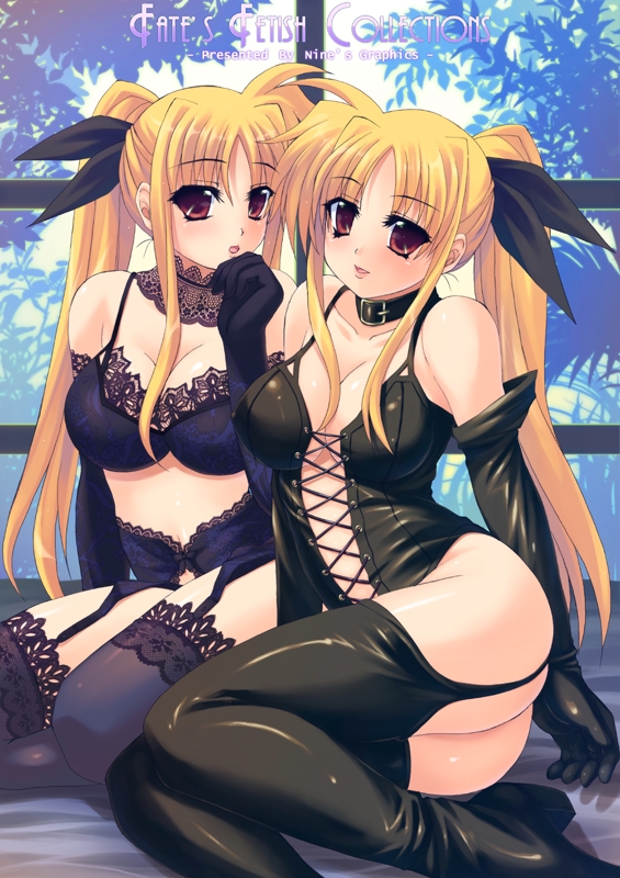 genshi, fate testarossa, lyrical nanoha, mahou shoujo lyrical nanoha, mahou shoujo lyrical nanoha strikers, 00s, 2girls, black thighhighs, blonde hair, boots, bow, bra, bustier, choker, clone, collar, corset, dominatrix, dual persona, elbow gloves, garter belt, gloves, hair bow, lace, laces, latex, latex boots, latex gloves, leotard, lingerie, long hair, multiple girls, red eyes, thigh boots, thighhighs, time paradox, twintails, underwear