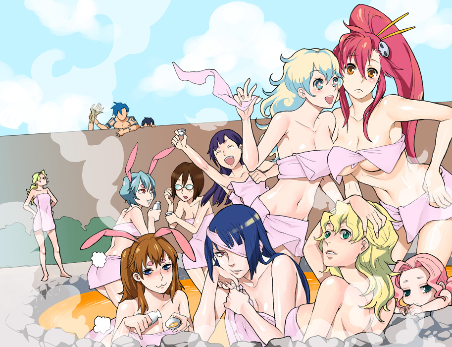 takase (harakiri), adiane, ayanami rei, darry adai, kamina (ttgl), kinon bachika, kiyal bachika, kiyoh bachika, leite jokin, nia teppelin, simon (ttgl), souryuu asuka langley, viral (ttgl), yoko littner, neon genesis evangelion, tengen toppa gurren lagann, bad id, bad pixiv id, 00s, 3boys, 6+girls, :3, alcohol, animal ears, aqua hair, blonde hair, blue eyes, blue hair, blush, breasts, brown hair, cigarette, claws, cleavage, collarbone, eyepatch, fang, glasses, green eyes, large breasts, medium breasts, midriff, multiple boys, multiple girls, naked towel, navel, onsen, pink hair, ponytail, purple hair, rabbit ears, rabbit tail, red eyes, red hair, sake, scorpion tail, steam, tail, tattoo, towel, water