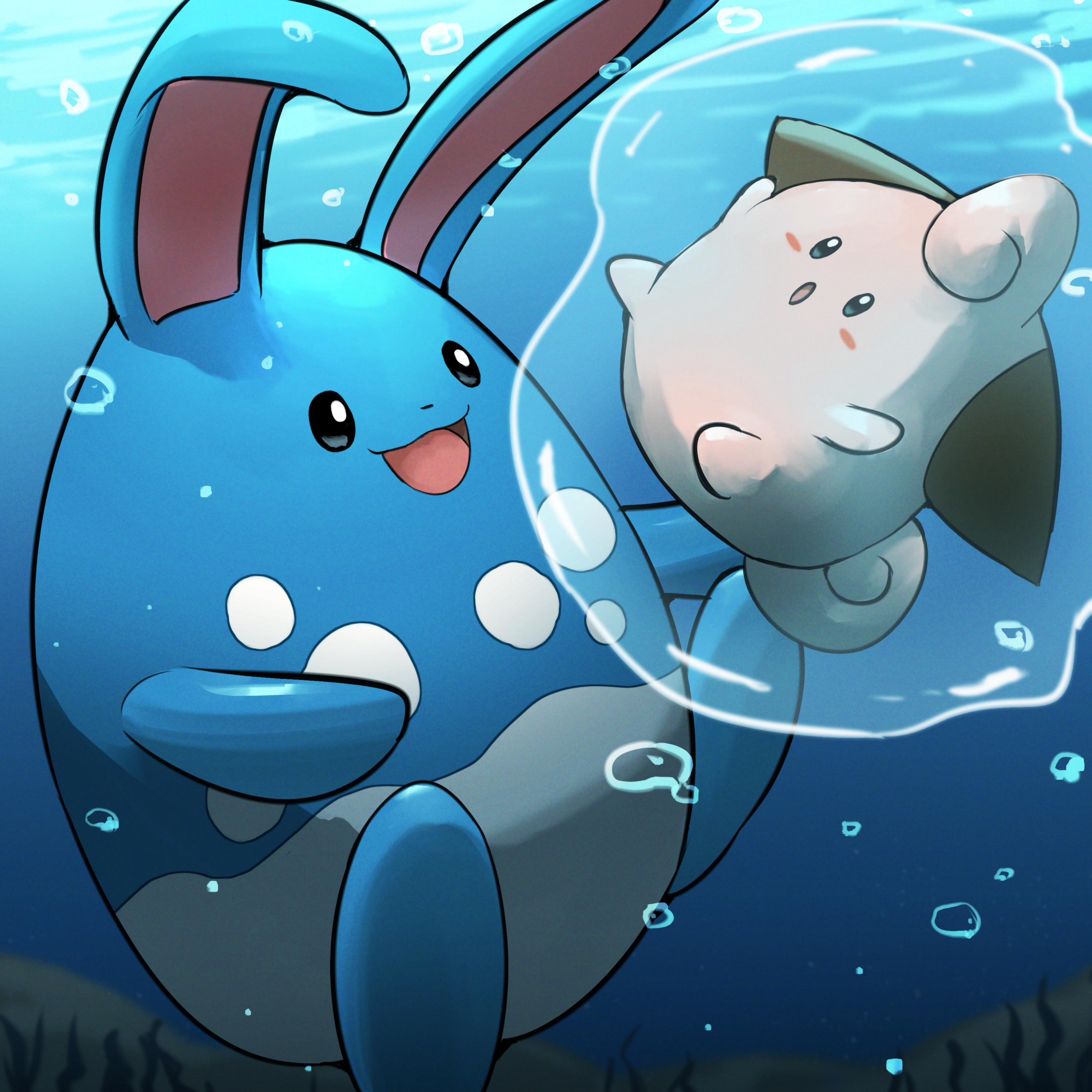 spicyichizo, azumarill, cleffa, nintendo, pokemon, absurdres, commentary request, highres, :o, air bubble, blush, blush stickers, bubble, gen 2 pokemon, in bubble, no humans, open mouth, pokemon (creature), pokemon focus, seaweed, smile, underwater
