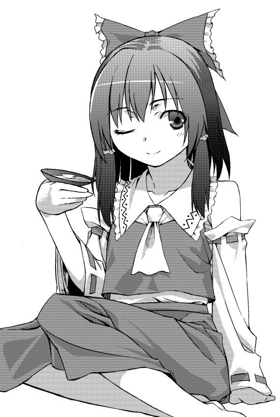 b.k., ichikura (bk), hakurei reimu, touhou, bad id, bad pixiv id, 1girl, alcohol, arm support, bare shoulders, cup, detached sleeves, female focus, greyscale, japanese clothes, miko, monochrome, one eye closed, sakazuki, sake, sitting, smile, solo, wink, yokozuwari