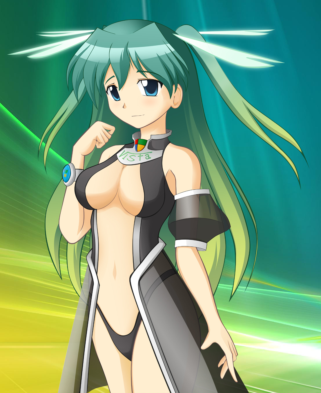 chiivistan, vista-tan, os-tan, highres, md5 mismatch, resolution mismatch, source larger, 1girl, blue eyes, blue hair, breasts, cleavage, female focus, gradient hair, long hair, matching hair/eyes, medium breasts, midriff, multicolored hair, ostan, solo