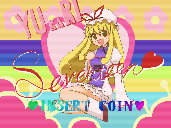 shinryoku, shinryoku (midori no damin), shinryou rei, yakumo yukari, touhou, 1girl, blonde hair, fake screenshot, female focus, game, hat, long hair, mob cap, ribbon, solo