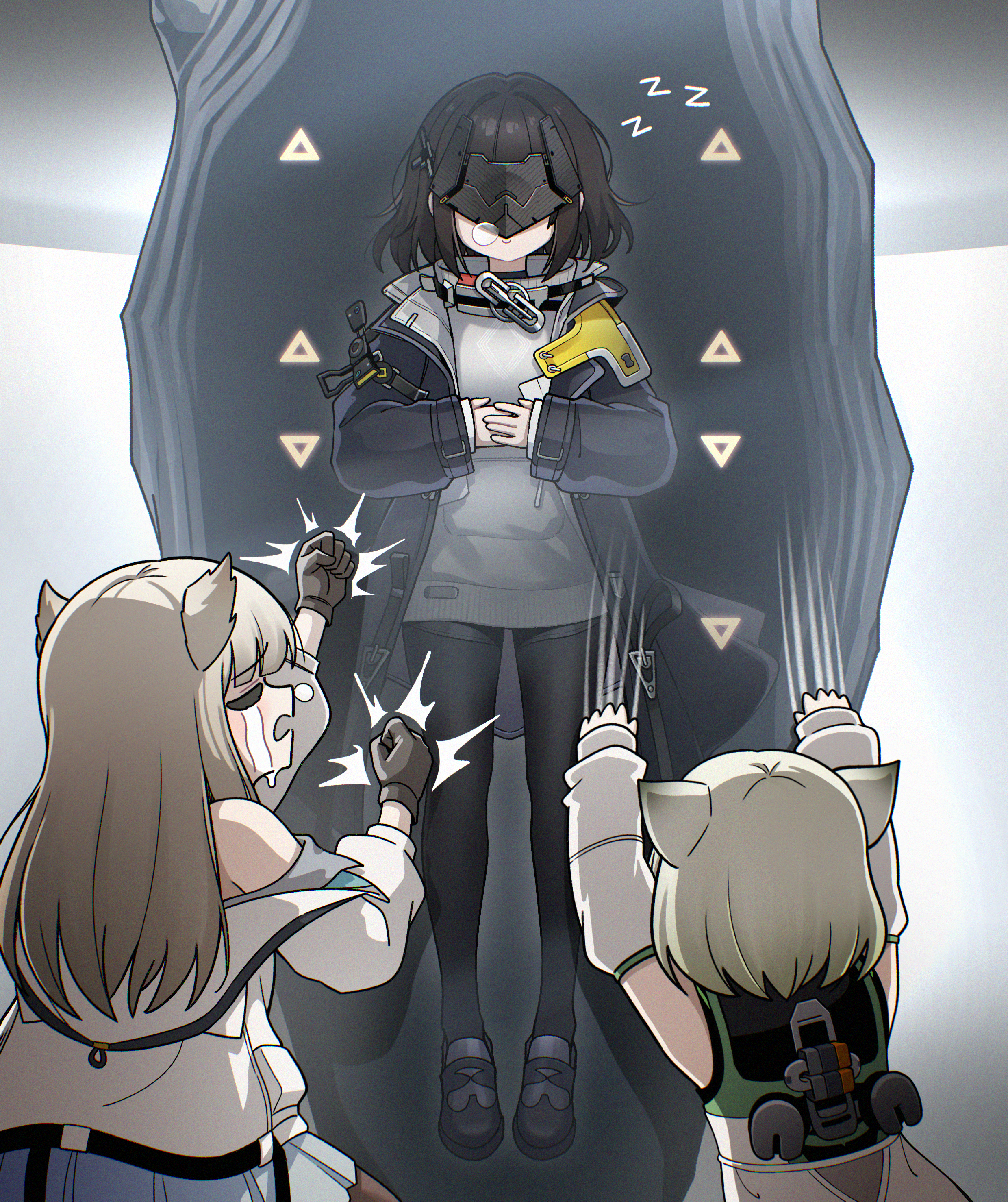 golmonggu, endministrator (arknights), female endministrator (arknights), perlica (arknights), arknights, arknights: endfield, absurdres, commentary request, highres, korean commentary, 3girls, animal ears, bare shoulders, bird ears, bird girl, black coat, black gloves, black hair, black pantyhose, clawing, closed mouth, coat, crying, endfield lynx girl (arknights), eye mask, from behind, full body, gloves, grey sweater, hitting, hood, hooded coat, jacket, long hair, long sleeves, medium hair, multiple girls, nose bubble, open clothes, open coat, open mouth, pantyhose, ribbed sweater, sleeping, smile, sweater, upper body, white jacket, zzz