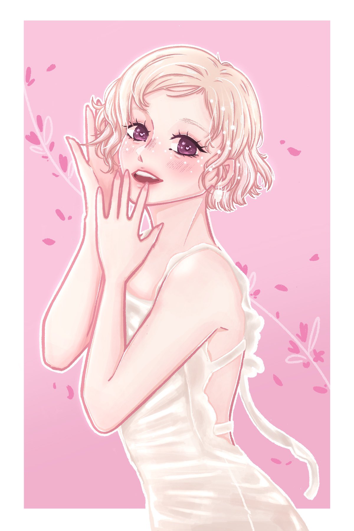 eunha (gfriend), gfriend, real life, commentary, english commentary, highres, 1girl, aeisshi, blonde hair, blush, border, dress, looking at viewer, makeup, mascara, pink background, pink petals, profile, purple eyes, short hair, simple background, smile, solo, viviz, white border, white dress