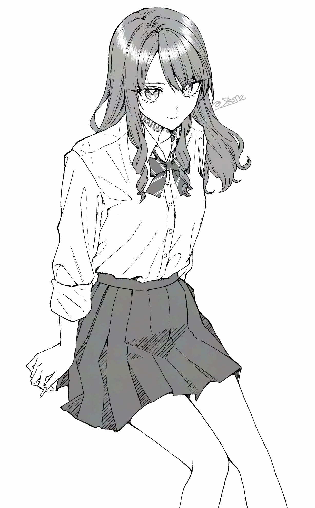 sakashima 0822, original, commentary request, highres, 1girl, asymmetrical bangs, bow, bowtie, breasts, closed mouth, collared shirt, diagonal-striped bow, diagonal-striped bowtie, diagonal-striped clothes, feet out of frame, fingernails, greyscale, invisible chair, long hair, looking at viewer, monochrome, pleated skirt, school uniform, sharp fingernails, shirt, shirt tucked in, sidelocks, signature, simple background, sitting, skirt, small breasts, smile, solo, striped bow, striped bowtie, striped clothes, very long fingernails