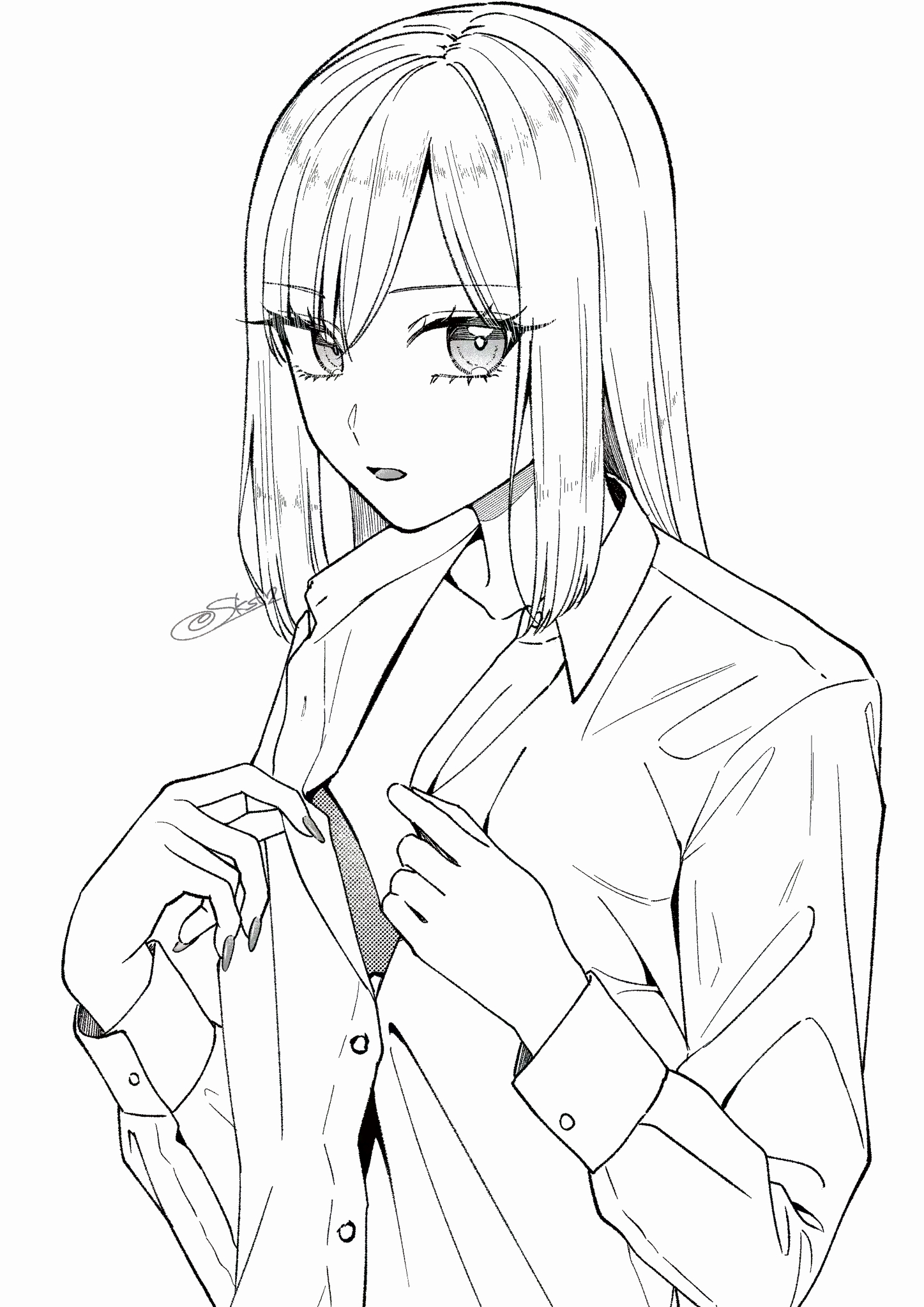 sakashima 0822, original, commentary request, highres, 1girl, buttoning, collarbone, collared shirt, eyelashes, fingernails, greyscale, long fingernails, long sleeves, looking at viewer, medium hair, monochrome, parted bangs, parted lips, partially unbuttoned, school uniform, shirt, signature, simple background, solo, upper body