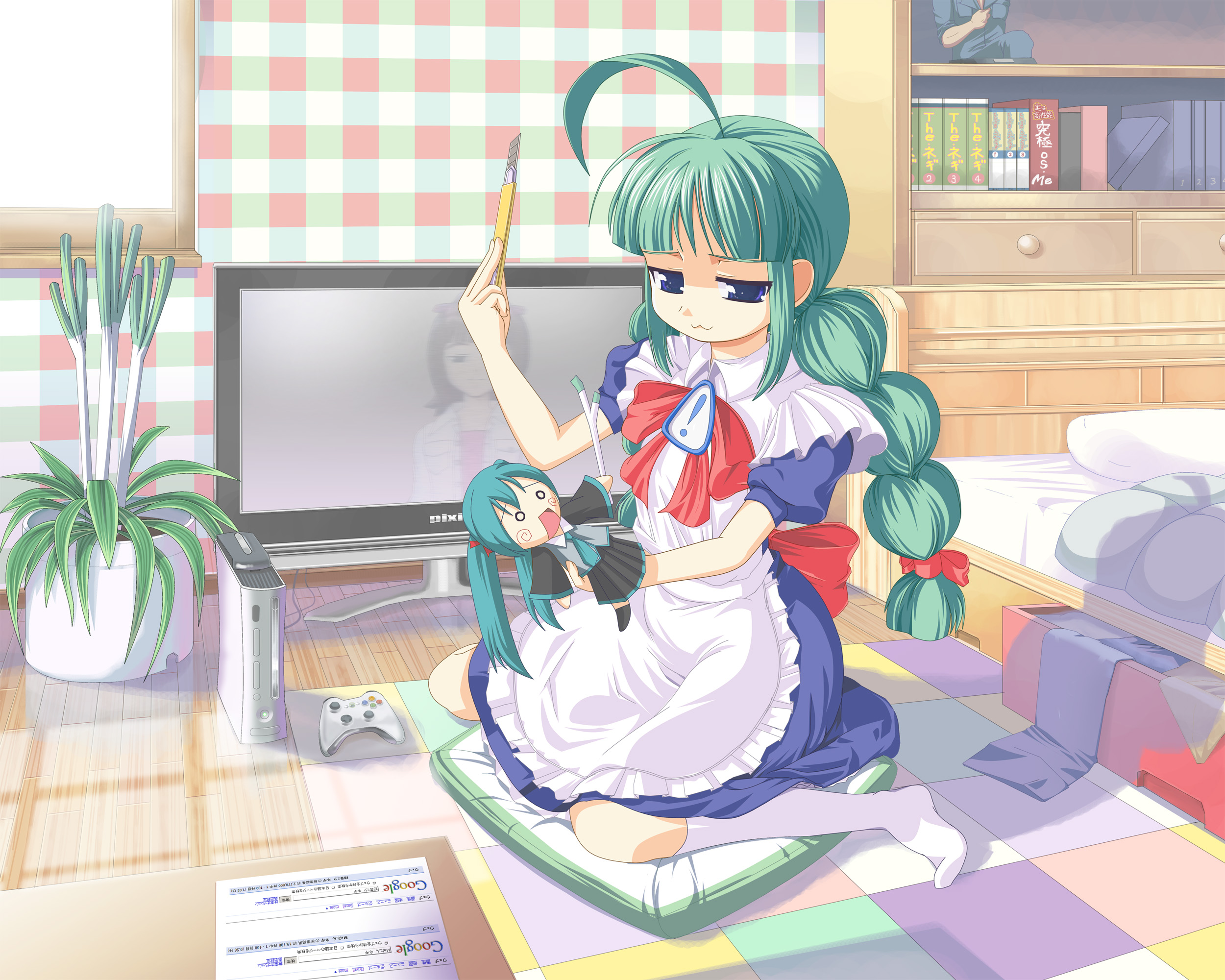 naox, abe takakazu, amami haruka, hatsune miku, me-tan, idolmaster, idolmaster (classic), idolmaster 1, kuso miso technique, os-tan, vocaloid, xbox360, highres, 00s, 1girl, :3, ahoge, blue eyes, boxcutter, braid, cameo, female focus, game console, green hair, product placement, solo, spring onion, twin braids, xbox 360, yaranaika