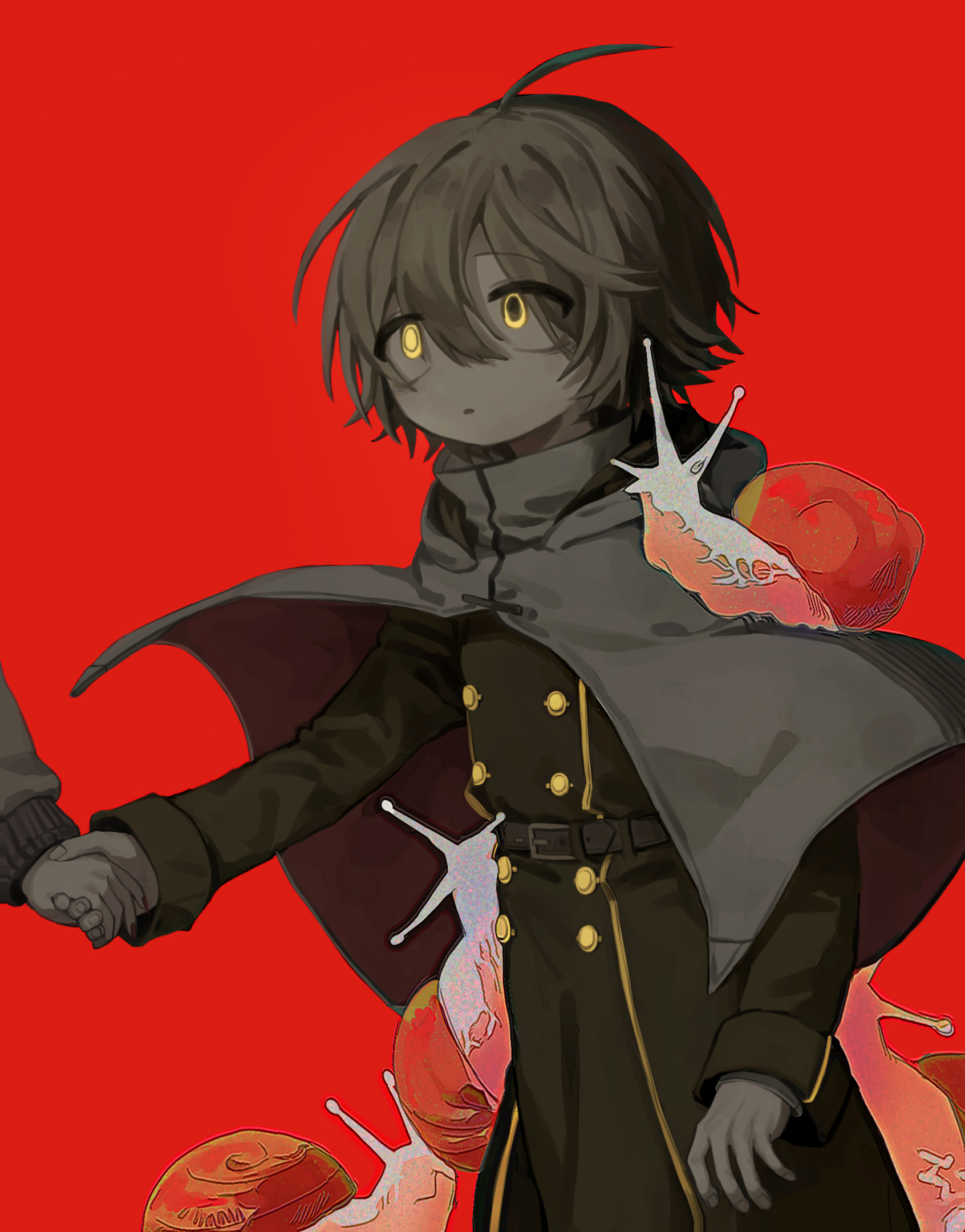 exorcist wo otosenai, commentary request, highres, 1boy, ahoge, alternate hair length, alternate hairstyle, belt, belt buckle, black robe, buckle, capelet, cat-2tea, father-kun (exorcist wo otosenai), holding hands, out of frame, parted lips, priest, purple eyes, red background, robe, snail, yellow eyes
