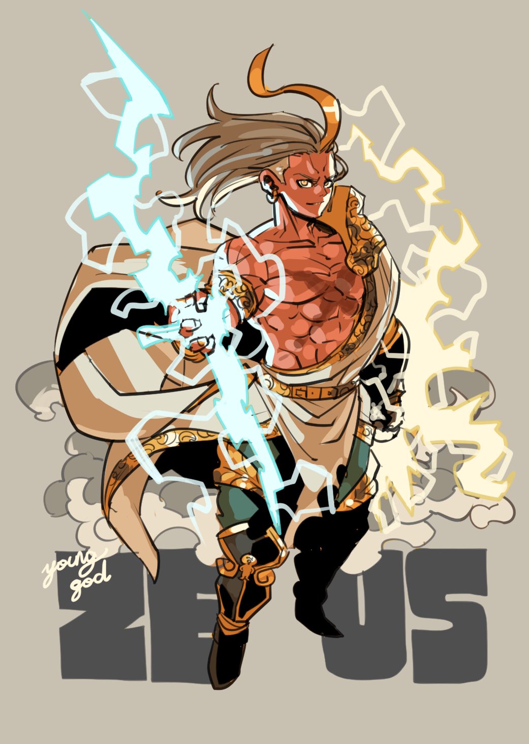 takeuchi ryousuke, monster strike, commentary request, highres, 1boy, abs, armlet, boots, character name, cloud, earrings, electricity, floating hair, full body, grey background, jewelry, looking at viewer, male focus, smile, solo, yellow eyes, zeus (monster strike)