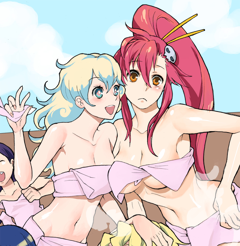 takase (harakiri), nia teppelin, yoko littner, tengen toppa gurren lagann, 00s, 5girls, blush, hair ornament, hairclip, long hair, multiple girls, naked towel, red hair, towel