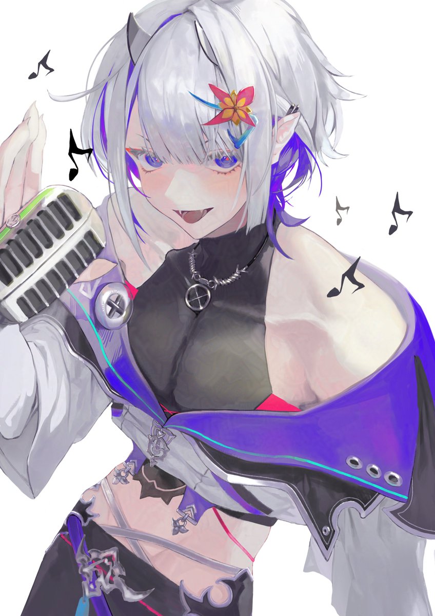 indie virtual youtuber, highres, 1boy, black shirt, cowboy shot, crop top, cropped jacket, eyeshadow, fangs, from above, grey horns, hair between eyes, hair ornament, hairclip, holding, holding microphone, horns, jewelry, makeup, male focus, microphone, multicolored hair, musical note, necklace, open mouth, pointy ears, purple eyes, red eyeshadow, shirt, short hair, simple background, sleeveless, sleeveless shirt, smile, solo, two-tone hair, vkfks8240, whale taylor, white background, white hair