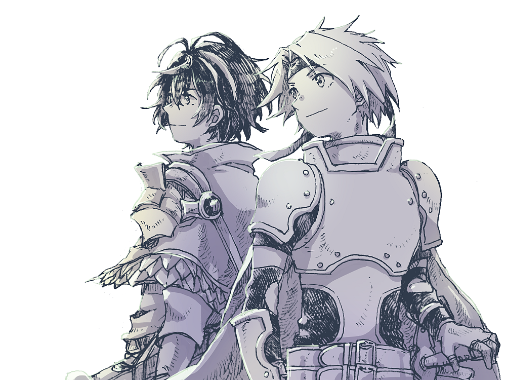 michibata 65, aldo (another eden), cress albane, another eden, tales of (series), tales of phantasia, commentary request, 2boys, arm guards, armor, back-to-back, belt, breastplate, cape, capelet, closed mouth, crossover, curtained hair, greyscale, hand on hilt, hatching (texture), headband, light smile, linear hatching, looking to the side, male focus, monochrome, multiple boys, parted bangs, pauldrons, sheath, sheathed, shirt, short hair, short sleeves, shoulder armor, simple background, standing, sword, turning head, upper body, weapon, white background
