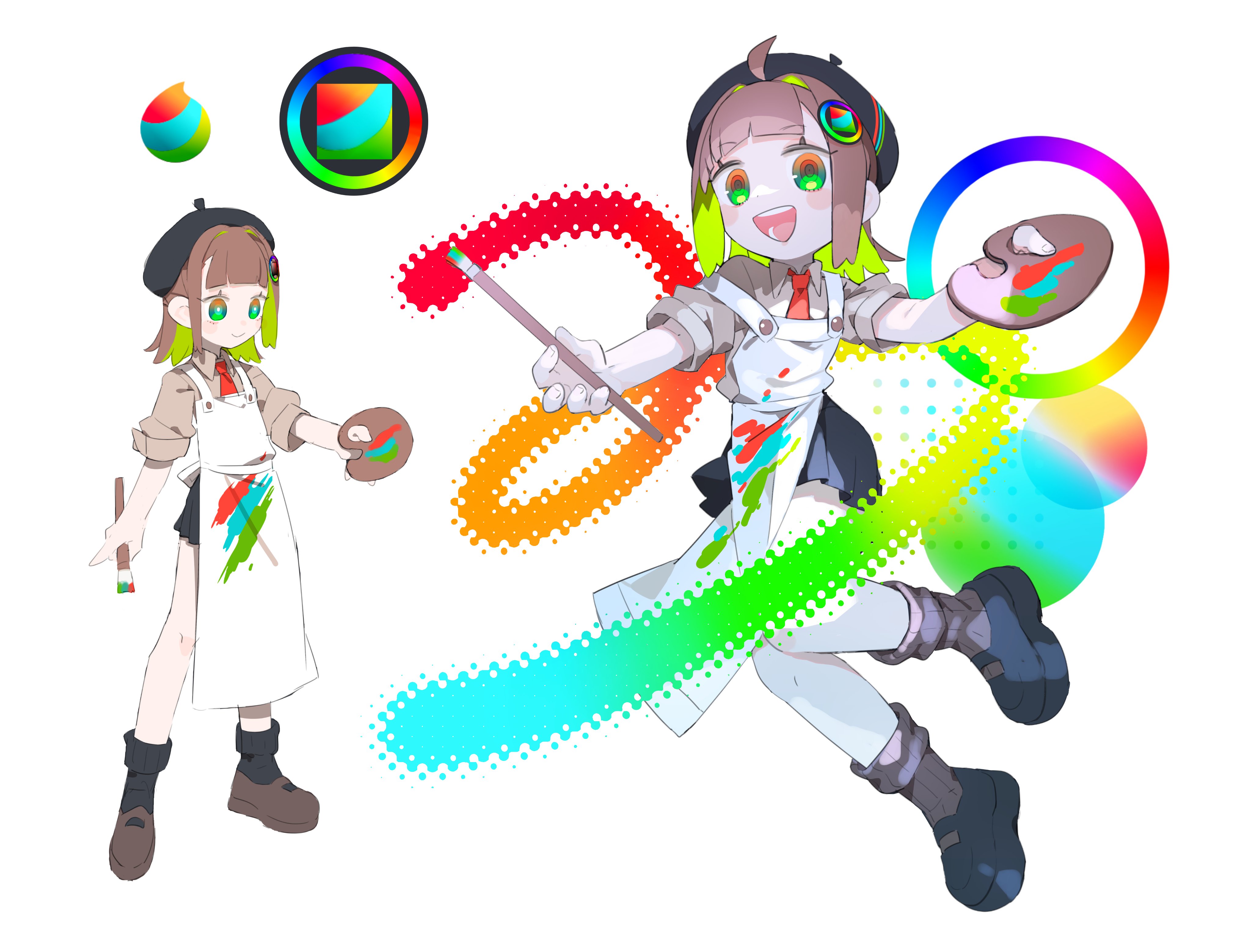cheri zao, original, absurdres, commentary request, highres, medibang paint (medium), 1girl, ahoge, apron, beret, black hat, black shoes, black skirt, black socks, blunt bangs, blush, blush stickers, brown hair, brown shirt, brown shoes, brown socks, closed mouth, collared shirt, color wheel, color wheel hair ornament, colored inner hair, eyelashes, full body, green hair, hair intakes, hair ornament, hat, holding, holding paint palette, holding paintbrush, medibang paint, medium hair, multicolored eyes, multicolored hair, multiple views, necktie, open mouth, paint on clothes, paint palette, paintbrush, red necktie, shirt, shoes, short sleeves, simple background, skirt, smile, socks, teeth, two-tone hair, white apron, white background