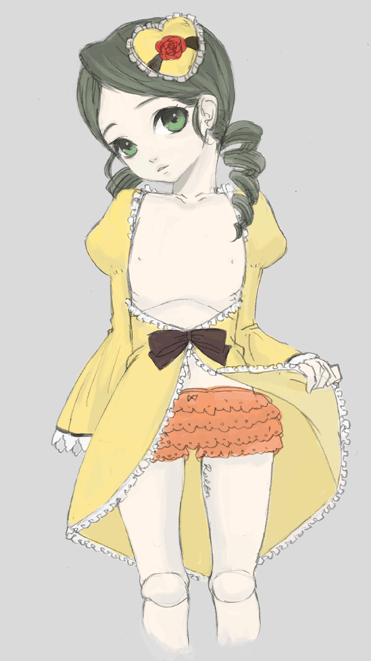 mksm, kanaria, rozen maiden, bad id, bad pixiv id, 00s, bloomers, clothes lift, doll joints, drill hair, flat chest, frills, green eyes, green hair, joints, long hair, open clothes, open shirt, orange bloomers, shirt, skirt, skirt lift, solo, underwear