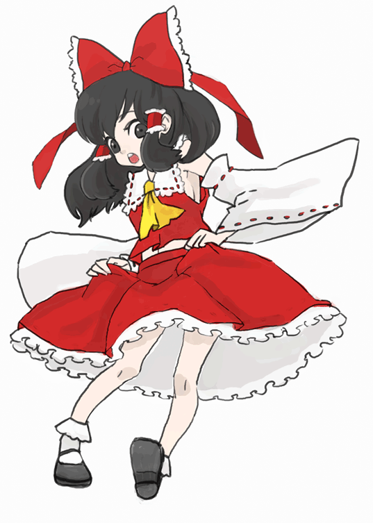 mksm, hakurei reimu, touhou, bad id, bad pixiv id, 1girl, black eyes, black hair, detached sleeves, female focus, full body, hair ribbon, japanese clothes, long hair, mary janes, miko, ribbon, shoes, simple background, skirt, socks, solo, white background