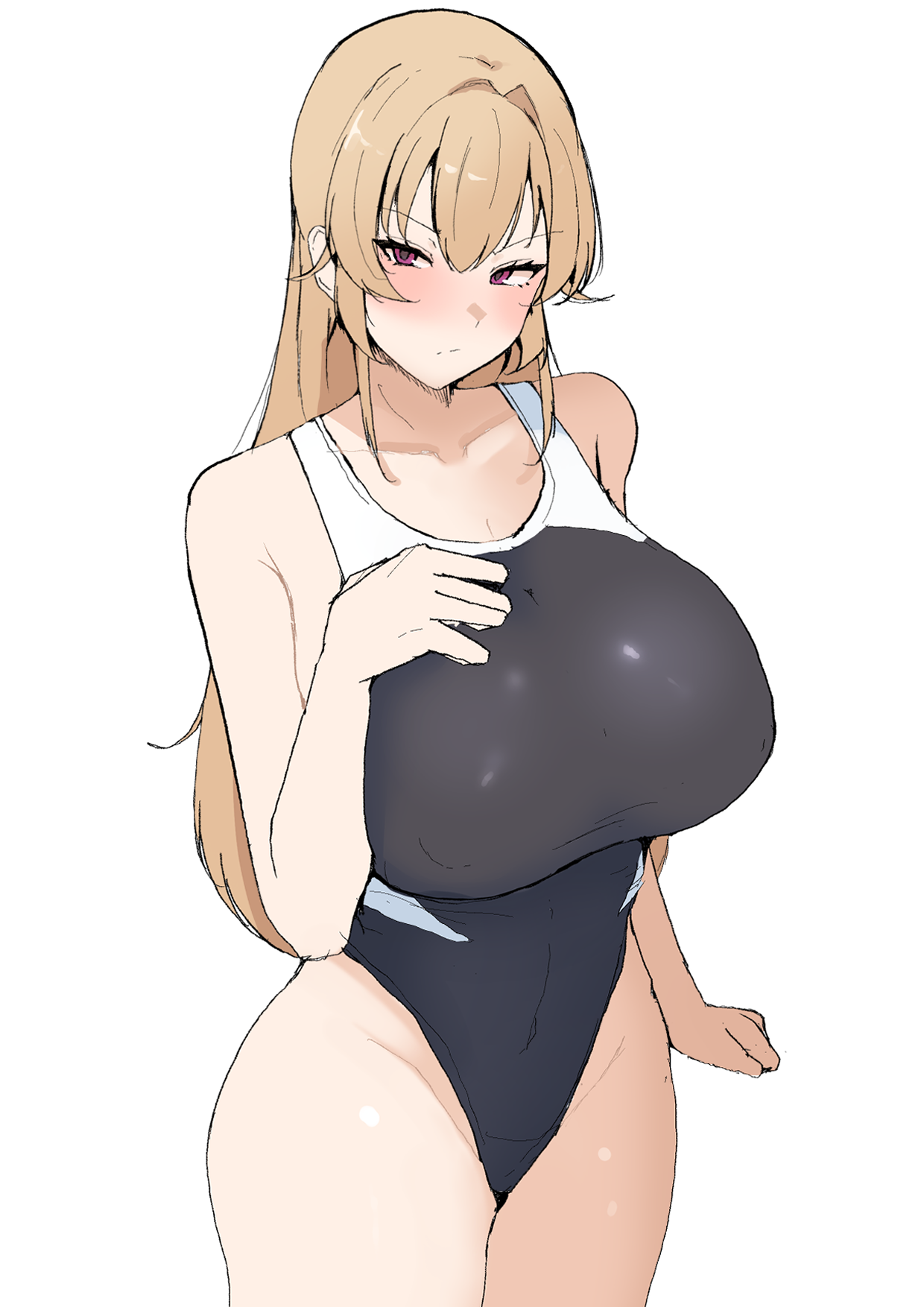 tatsu (user rjes8545), nakiri erina, shokugeki no souma, commentary, highres, 1girl, alternate breast size (larger), bare shoulders, blonde hair, breasts, competition swimsuit, covered navel, hand on own chest, highleg, highleg one-piece swimsuit, huge breasts, light blush, long hair, looking at viewer, one-piece swimsuit, purple eyes, solo, swimsuit, white background
