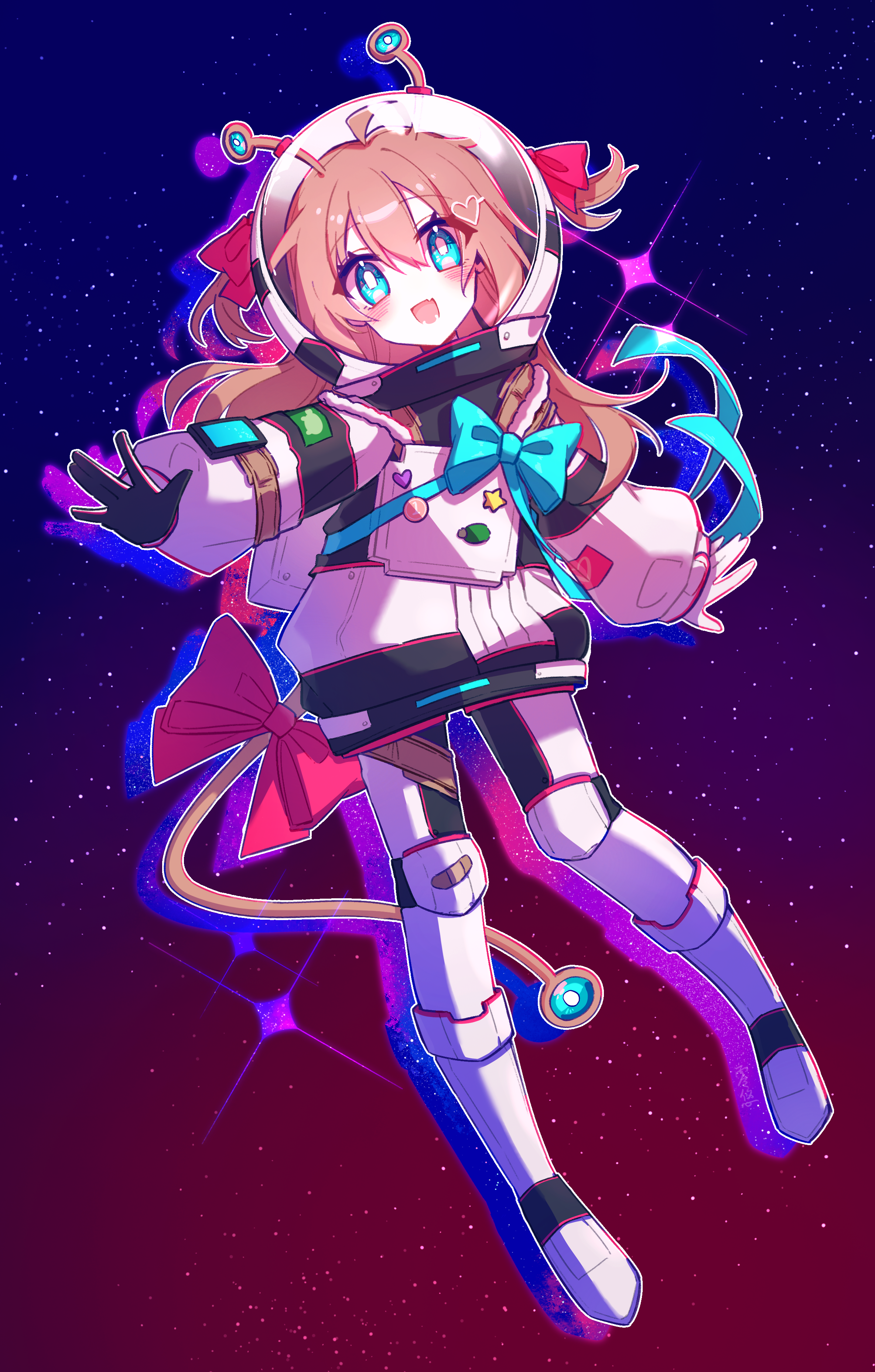 neuro-sama, absurdres, highres, 1girl, ahoge, alternate costume, antennae, aqua bow, aqua eyes, aqua ribbon, blush, bow, bright pupils, brown hair, eyelashes, fang, hair ornament, hair ribbon, heart, heart hair ornament, helmet, long hair, open mouth, red ribbon, ribbon, skin fang, smile, solo, space, space helmet, spacesuit, star (sky), star (symbol), tail, user hmyv8473, vedal ai, virtual youtuber, white pupils