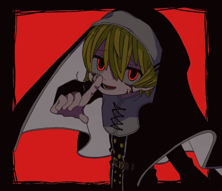 kyomu void, exorcist wo otosenai, commentary, 1girl, :d, belt, belt buckle, black border, black robe, black veil, blonde hair, blood, bloody tears, border, brown belt, buckle, index finger raised, leah (exorcist wo otosenai), looking at viewer, nun, open mouth, red background, red eyes, robe, short hair, smile, solo, veil