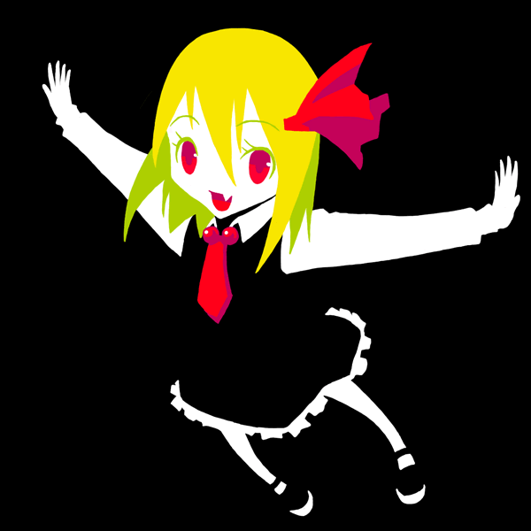 ke-su, rumia, embodiment of scarlet devil, touhou, bad id, bad pixiv id, 1girl, black background, blonde hair, fang, female focus, full body, mary janes, outstretched arms, red eyes, shoes, simple background, solo, spread arms