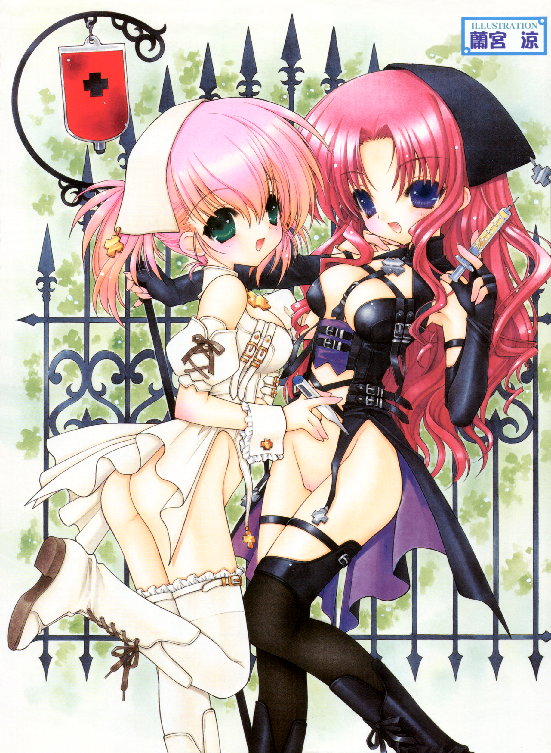 ramiya ryou, black legwear, white legwear, absurdres, highres, scan, 2girls, :d, belt, between breasts, blood, blood bag, blue eyes, boots, breasts, cleavage, green eyes, hat, leather, multiple girls, no panties, nurse, nurse cap, open mouth, pink hair, pussy, smile, syringe, thermometer, thighhighs, wrist cuffs, yuri