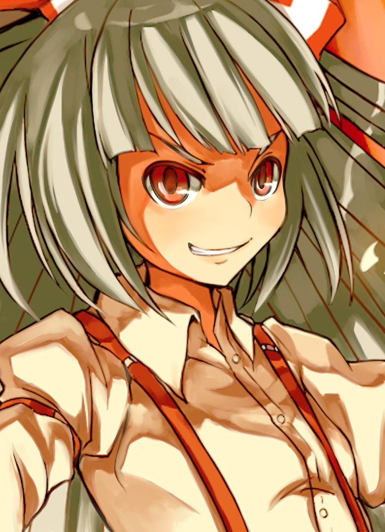 mishima hiroji, tsuyadashi shuuji, fujiwara no mokou, touhou, silver hair, 1girl, female focus, red eyes, solo