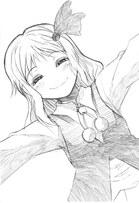 shironeko, tsuji kazuho, tsuji kazuo, rumia, embodiment of scarlet devil, touhou, 1girl, female focus, greyscale, monochrome, outstretched arms, sketch, smile, solo, spread arms