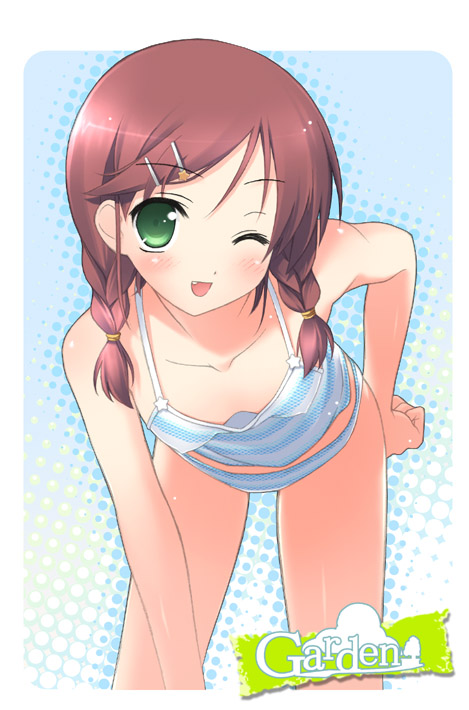 gayarou, kantoku, hoshino erika, garden (game), 1girl, bikini, braid, camisole, downblouse, female focus, green eyes, hair ornament, hairclip, one eye closed, panties, solo, striped clothes, striped panties, swimsuit, tankini, twin braids, underwear, wink