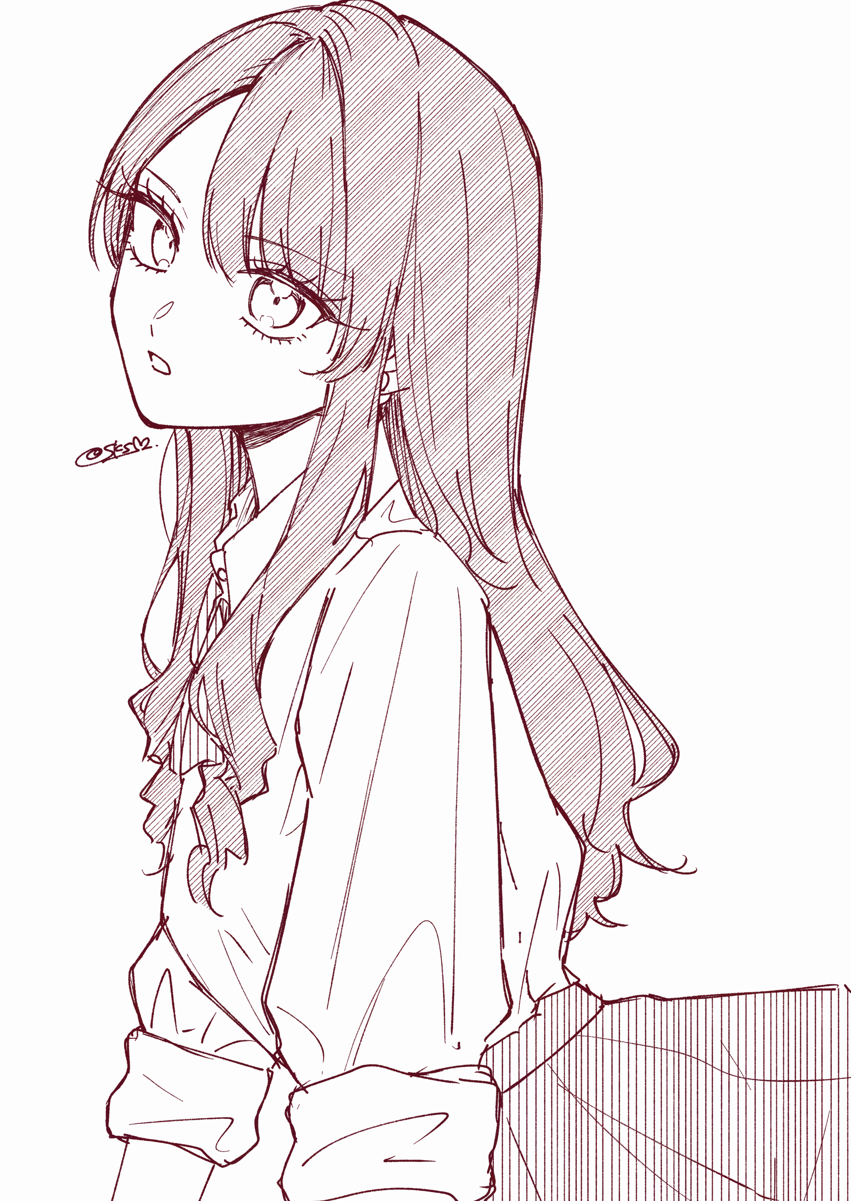 sakashima 0822, original, absurdres, commentary request, highres, 1girl, arched back, breasts, collared shirt, eyelashes, greyscale, hatching (texture), linear hatching, long hair, looking at viewer, monochrome, open mouth, pleated skirt, school uniform, shirt, sidelocks, signature, simple background, skirt, small breasts, solo, three-quarter sleeves, upper body