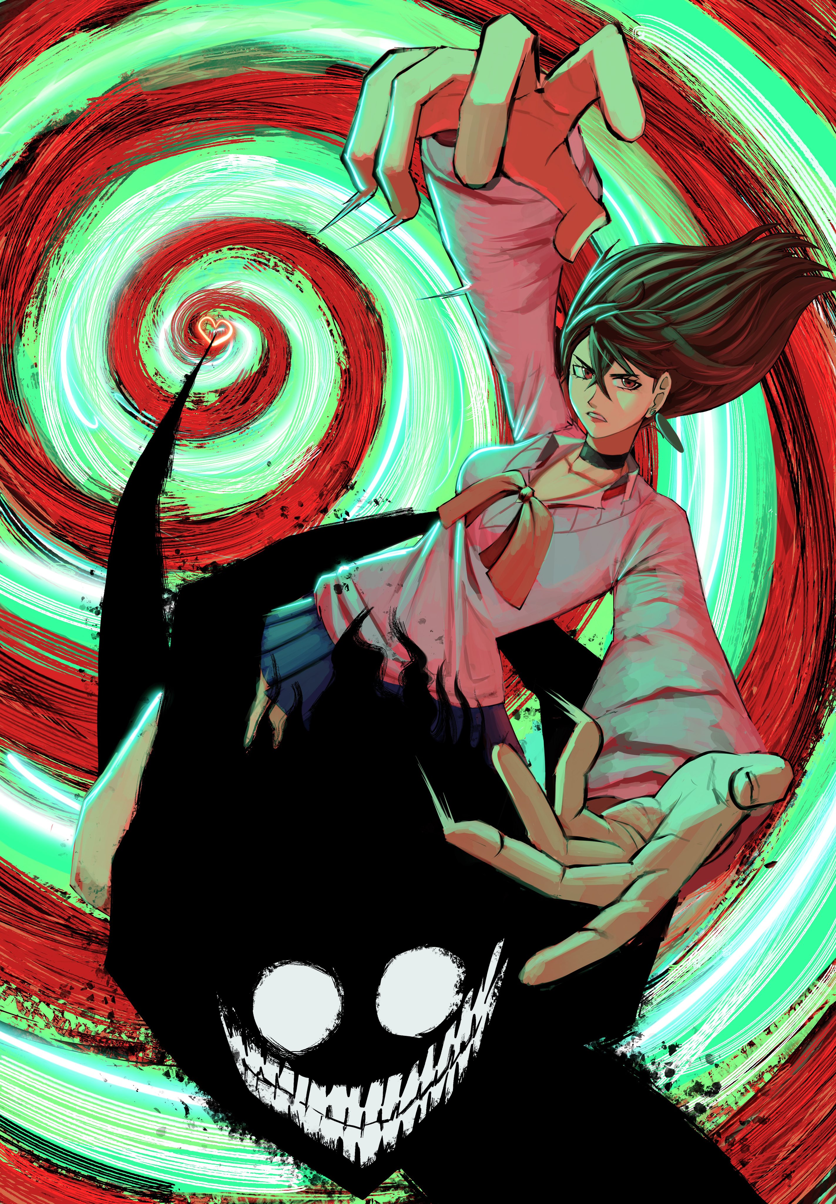 chaosoded, ayase momo, takakura ken (dandadan), takakura ken (transformed) (dandadan), dandadan, absurdres, commentary, english commentary, highres, 1boy, 1girl, arm up, black choker, blue skirt, bow, bowtie, brown eyes, brown hair, carrying, choker, clenched teeth, collarbone, crossed bangs, earrings, floating hair, hair between eyes, heart, jewelry, kami high school uniform, long sleeves, looking at viewer, miniskirt, outstretched arms, parted lips, piggyback, pink sweater, pleated skirt, red bow, red bowtie, running, school uniform, skirt, spiral, sweater, teeth, transformation