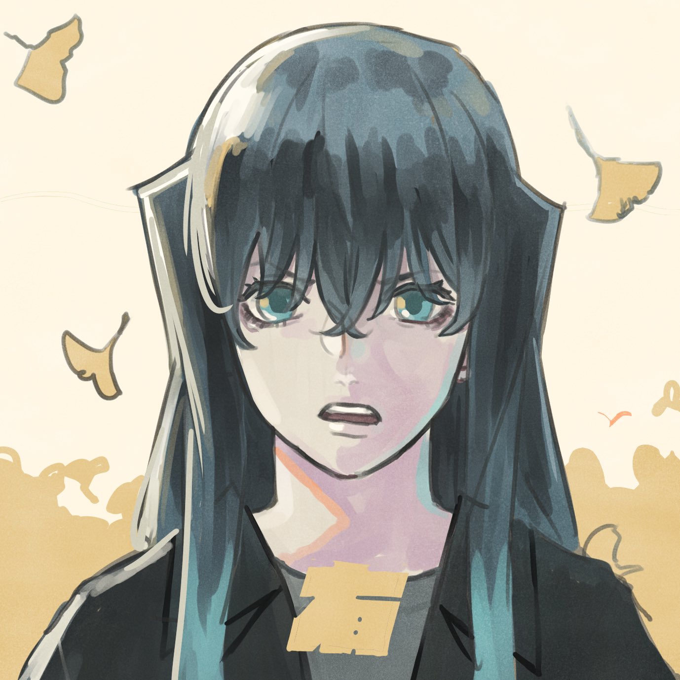 takeuchi ryousuke, tokitou yuichirou, kimetsu no yaiba, commentary request, highres, 1boy, black hair, black shirt, blue eyes, blue hair, character name, ginkgo leaf, hair between eyes, leaf, long hair, looking at viewer, male focus, open mouth, shirt, solo, teeth, upper teeth only, v-shaped eyebrows